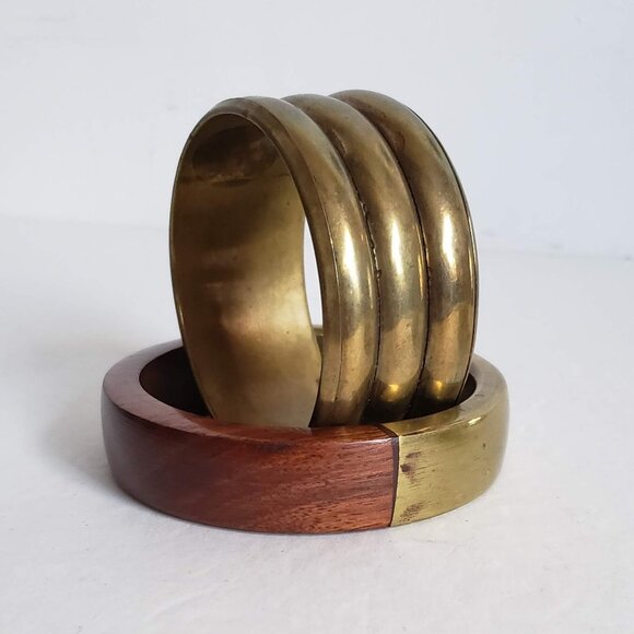 2pcs Vintage BRASS & WOOD Bangles Bracelets Wide Minimalist Modernist - Picture 10 of 12